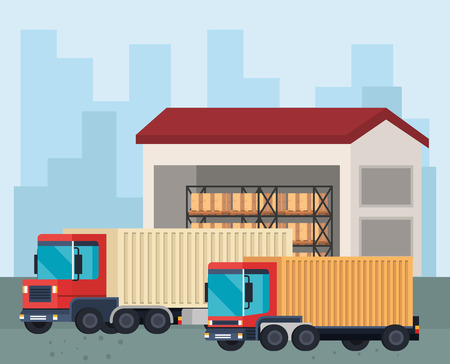 delivery service trucks in warehouse vector illustration designのイラスト素材