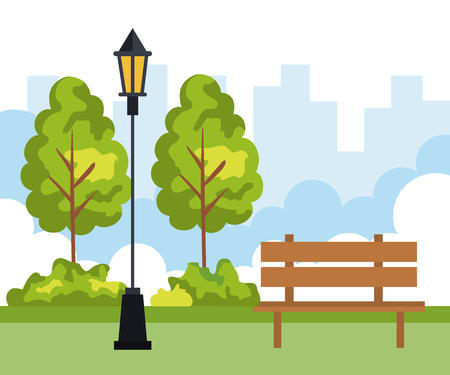 city park with trees and chair with lamp vector illustrationのイラスト素材