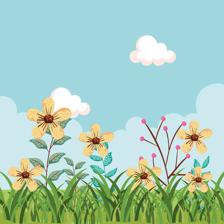 exotic flowers plants with branches leaves and grass vector illustrationのイラスト素材