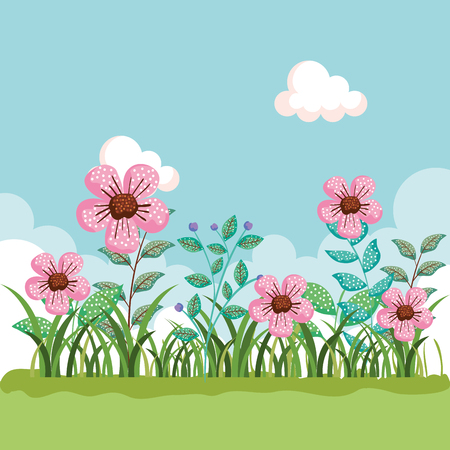 exotic flowers plants with leaves and grass vector illustrationのイラスト素材