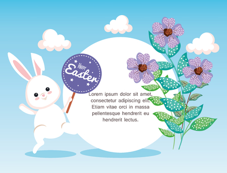 easter card with flowers decoration and rabbit with sticker vector illustrationのイラスト素材