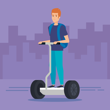 man with backpack riding electric scooter vector illustrationのイラスト素材