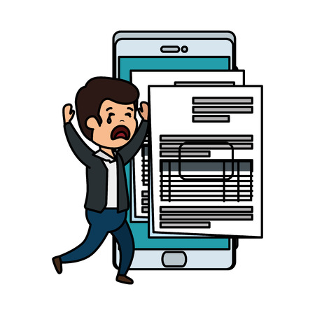 depressed man for money with smartphone and tax documents vector illustrationのイラスト素材