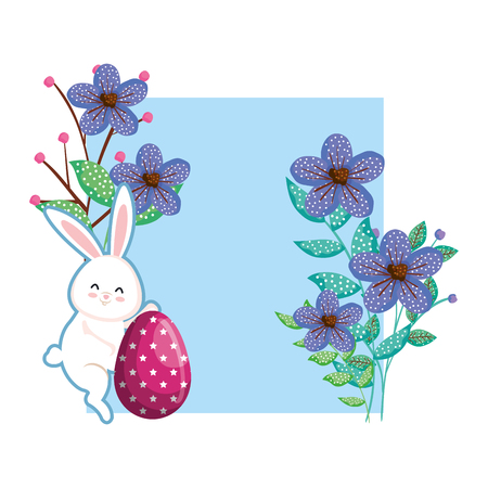 cute rabbit with easter egg painted and square floral frame vector illustration designのイラスト素材