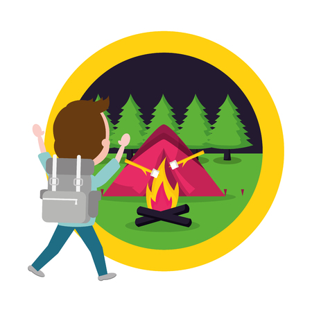 man travel backpack tent bonfire camping landscape vector illustrationのイラスト素材