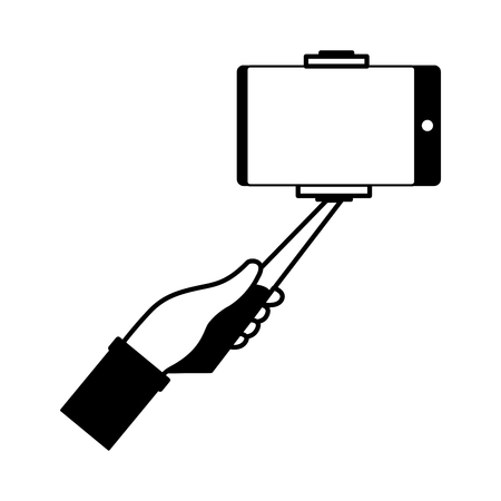 hand with cellphone in stick selfie vector illustration monochromeのイラスト素材