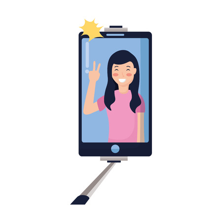 hand with mobile sitck woman taking selfie vector illustrationのイラスト素材