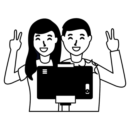 happy couple taking selfie with smartphone vector illustrationのイラスト素材