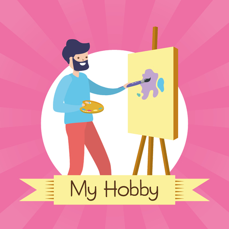 man painting a picture in the easel - my hobby vector illustrationのイラスト素材