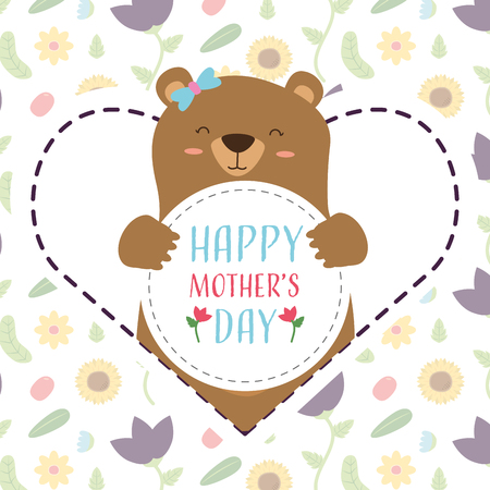 cute bear with badge flowers heart happy mothers day vector illustrationのイラスト素材