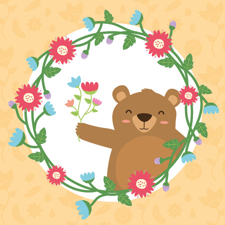 cute bear wreath flowers decoration vector illustrationのイラスト素材