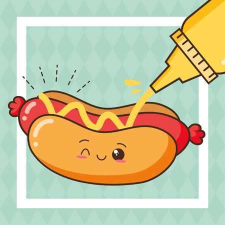 kawaii hot dog mustard fast food vector illustrationのイラスト素材