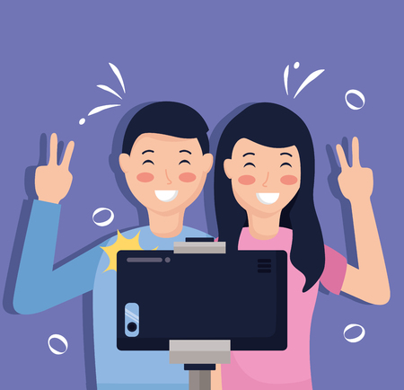 happy couple taking selfie with smartphone vector illustrationのイラスト素材