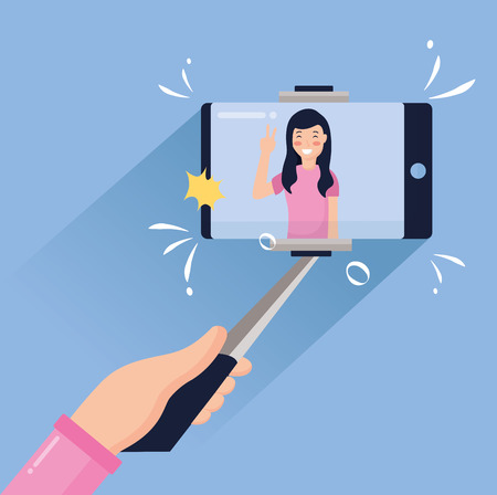 woman holding mobile stick taking selfie vector illustrationのイラスト素材