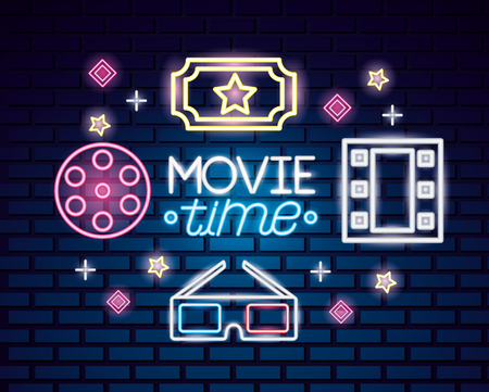 ticket 3d glasses reel movie time neon vector illustrationのイラスト素材