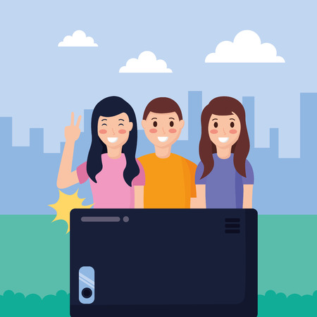 smiling people taking selfie with cellphone vector illustrationのイラスト素材