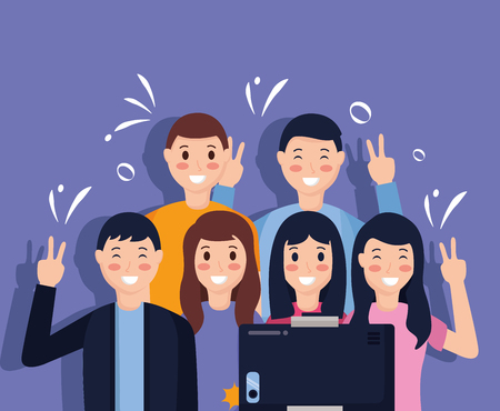 smiling people taking selfie with cellphone vector illustrationのイラスト素材