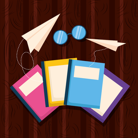world book day books eyeglasses paper plane vector illustrationのイラスト素材