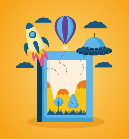 world book day literature rocket plane ufo vector illustrationのイラスト素材