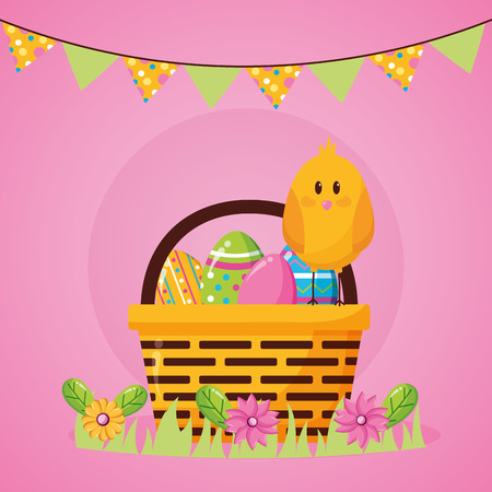 chick and basket eggs flowers garland happy easter vector illustrationのイラスト素材