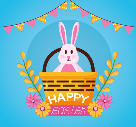 bunny and basket eggs flowers garland happy easter vector illustrationのイラスト素材
