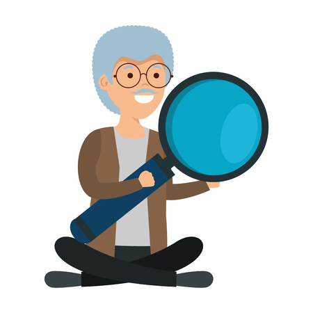 old man in lotus position with magnifying glass vector illustration designのイラスト素材