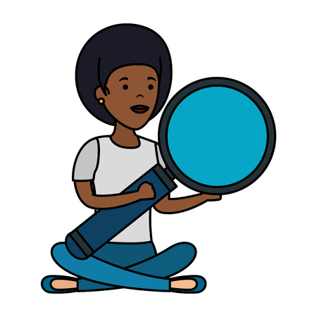 young black woman in lotus position with smartphone vector illustration designのイラスト素材