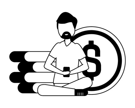 man with smartphone and coins avatar character vector illustration desingのイラスト素材