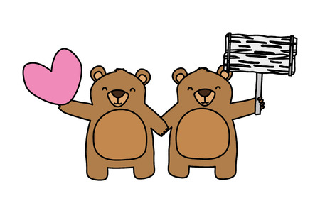 cute little bears with heart and board vector illustrationのイラスト素材