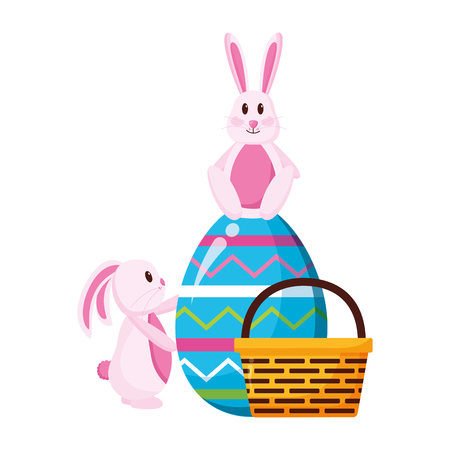happy easter rabbits and egg basket vector illustrationのイラスト素材