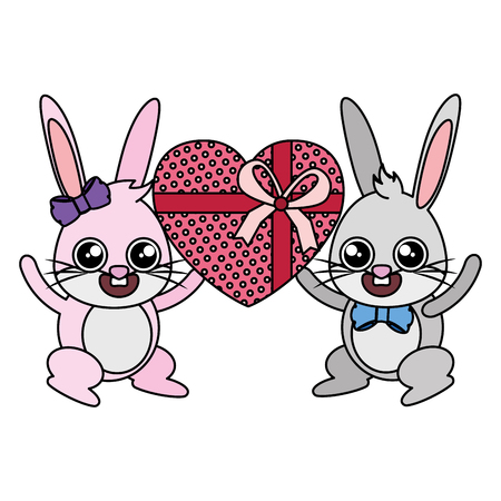 beautiful rabbits couple with heart gift easter characters vector illustration designのイラスト素材