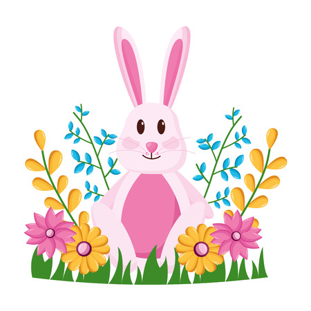 happy easter rabbit flowers grass vector illustrationのイラスト素材
