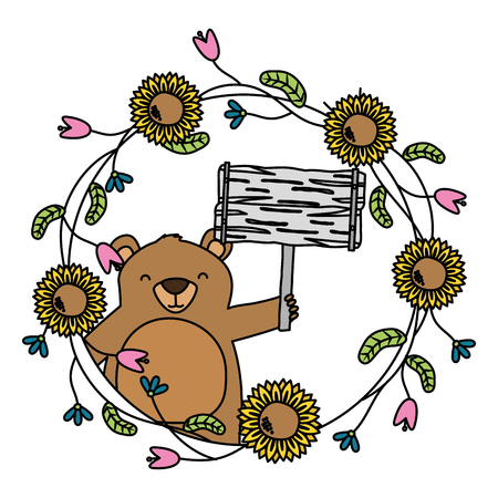bear with board and flowers wreath decoration vector illustrationのイラスト素材