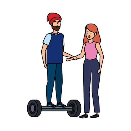 young couple in hoverboard electric vector illustration designのイラスト素材