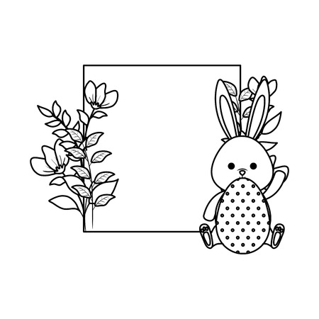 cute rabbit with easter egg painted and square floral frame vector illustration designのイラスト素材