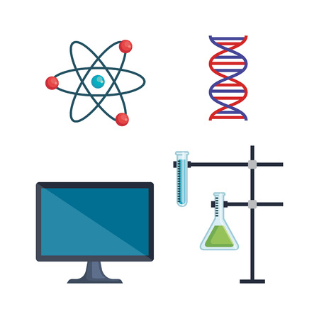 set atom with dna and flask with tubes analysis vector illustrationのイラスト素材