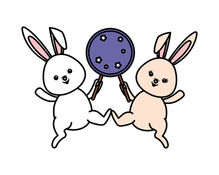 cute rabbits with stars label characters vector illustration designのイラスト素材