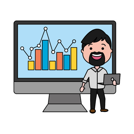businessman using desktop computer with statistics vector illustration designのイラスト素材