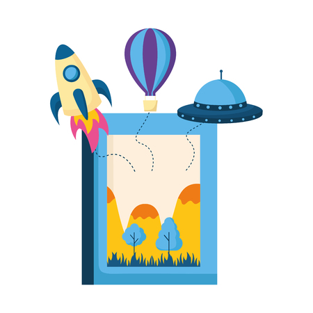 world book day literature rocket plane ufo vector illustrationのイラスト素材