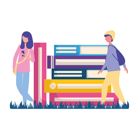 man and woman books stacked learning vector illustrationのイラスト素材