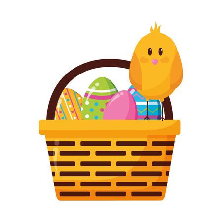 happy easter chick eggs on basket vector illustrationのイラスト素材