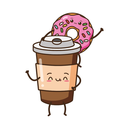 kawaii donut coffee cup fast food cartoon vector illustrationのイラスト素材