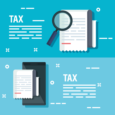set service tax document with magnifying glass and smartphone vector illustrationのイラスト素材