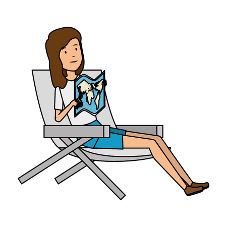 tourist woman sitting in chair with paper map vector illustration designのイラスト素材