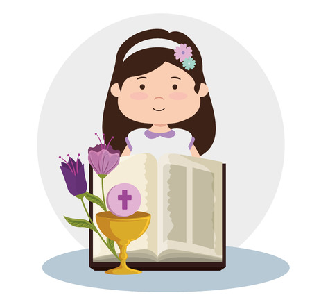 girl with bible and chalice to first communion vector illustrationのイラスト素材