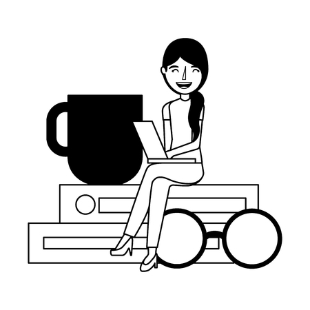 woman with laptop sitting on books with eyeglasses coffee cup vector illustrationのイラスト素材