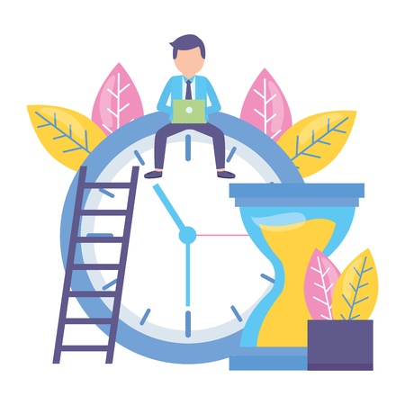 businessman with laptop sitting on clock hourglass time vector illustration: Royalty-free vector graphics