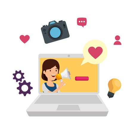 young woman in laptop with social media icons vector illustration designのイラスト素材