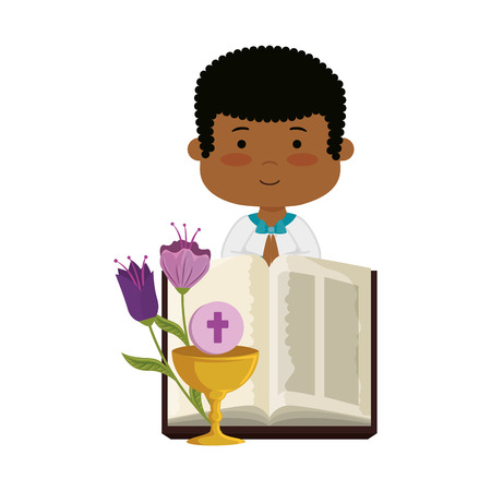 little black boy with bibble and flowers first communion character vector illustrationのイラスト素材