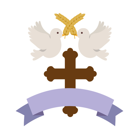 first communion wooden cross with doves vector illustration designのイラスト素材